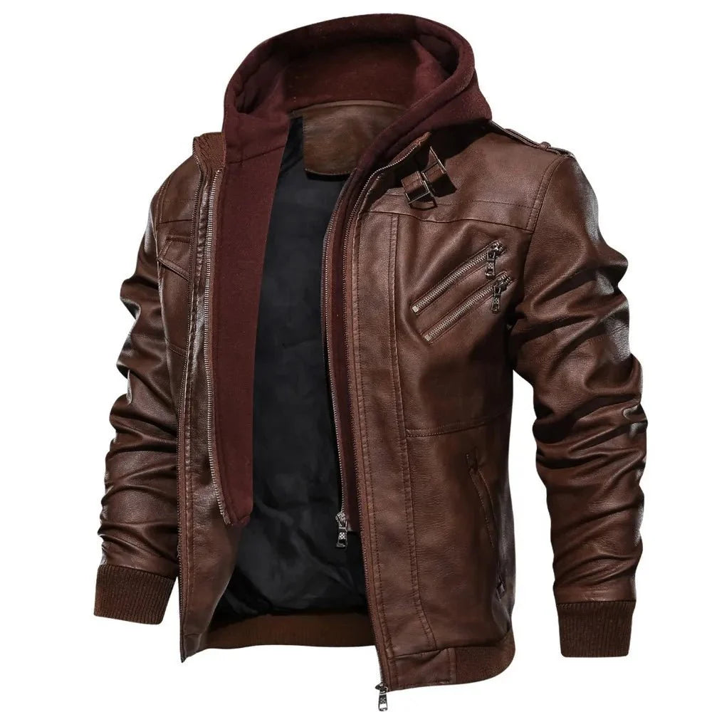 Jaqueta Masculina de Couro com Capuz Removível - Estilo e Versatilidade